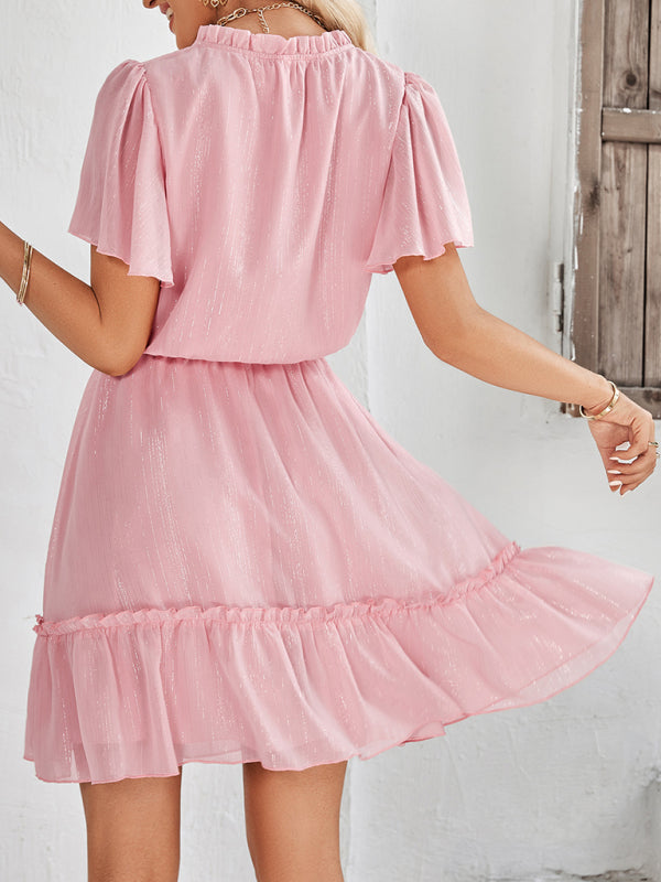 Women's Solid Color Flutter Sleeve V-neck Ruffle Skirt Dress