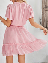 Women's Solid Color Flutter Sleeve V-neck Ruffle Skirt Dress
