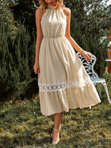 Women's Solid Color Halter Neck Lace Trim Midi Dress