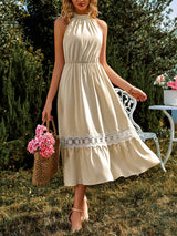 Women's Solid Color Halter Neck Lace Trim Midi Dress