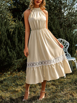 Women's Solid Color Halter Neck Lace Trim Midi Dress