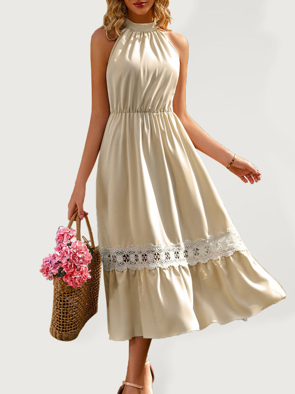 Women's Solid Color Halter Neck Lace Trim Midi Dress