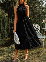 Women's Solid Color Halter Neck Lace Trim Midi Dress