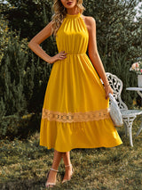 Women's Solid Color Halter Neck Lace Trim Midi Dress