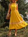 Women's Solid Color Halter Neck Lace Trim Midi Dress