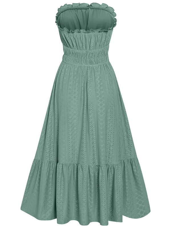 Women's Solid Color Strapless Taffeta Bubble-hem Lace Midi Dress