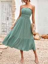 Women's Solid Color Strapless Taffeta Bubble-hem Lace Midi Dress