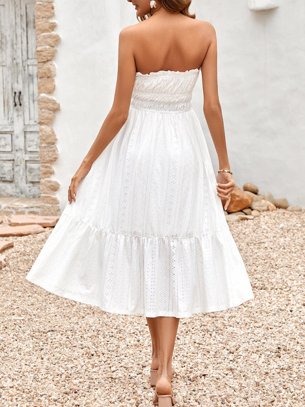 Women's Solid Color Strapless Taffeta Bubble-hem Lace Midi Dress