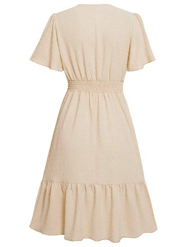 Women's Solid Color V-neck Lace Trim Short-sleeve Ruffle Dress