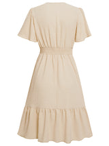 Women's Solid Color V-neck Lace Trim Short-sleeve Ruffle Dress
