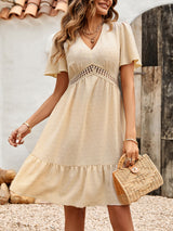 Women's Solid Color V-neck Lace Trim Short-sleeve Ruffle Dress