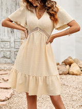 Women's Solid Color V-neck Lace Trim Short-sleeve Ruffle Dress