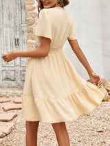 Women's Solid Color V-neck Lace Trim Short-sleeve Ruffle Dress