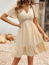 Women's Solid Color V-neck Lace Trim Short-sleeve Ruffle Dress