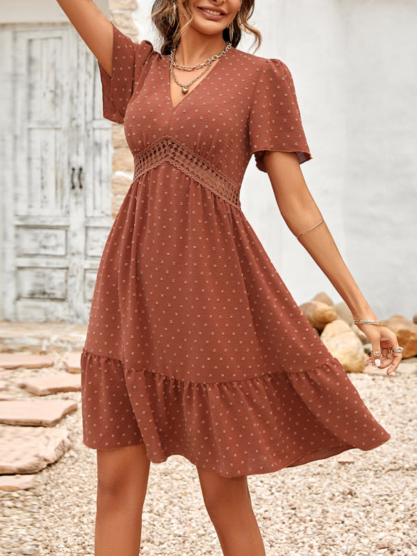 Women's Solid Color V-neck Lace Trim Short-sleeve Ruffle Dress