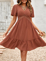 Women's Solid Color V-neck Lace Trim Short-sleeve Ruffle Dress
