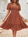 Women's Solid Color V-neck Lace Trim Short-sleeve Ruffle Dress