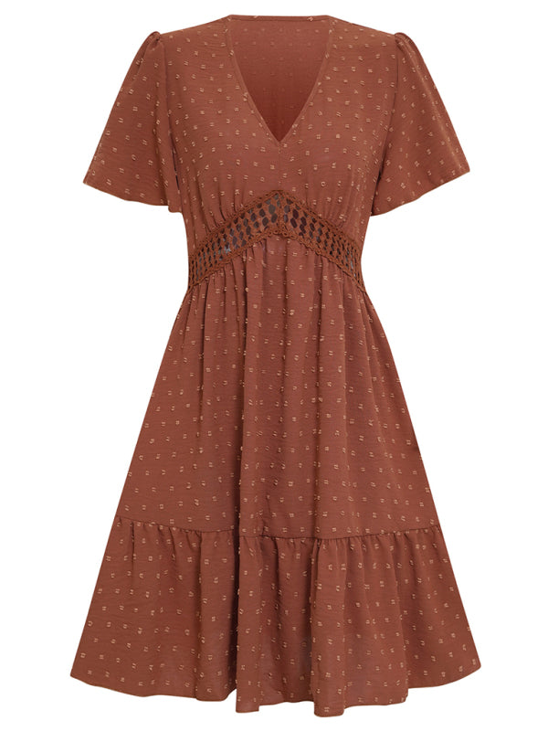 Women's Solid Color V-neck Lace Trim Short-sleeve Ruffle Dress