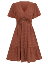 Women's Solid Color V-neck Lace Trim Short-sleeve Ruffle Dress