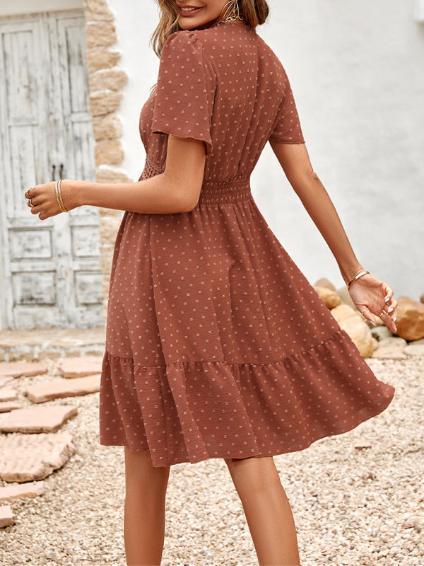 Women's Solid Color V-neck Lace Trim Short-sleeve Ruffle Dress
