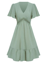 Women's Solid Color V-neck Lace Trim Short-sleeve Ruffle Dress