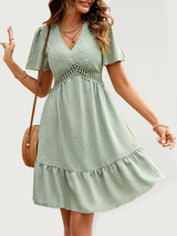 Women's Solid Color V-neck Lace Trim Short-sleeve Ruffle Dress