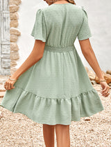Women's Solid Color V-neck Lace Trim Short-sleeve Ruffle Dress