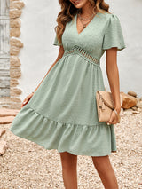 Women's Solid Color V-neck Lace Trim Short-sleeve Ruffle Dress