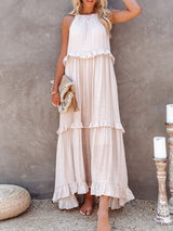 Women's Solid Color Halter Neck Ruffle Tiered Maxi Dress