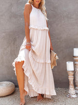 Women's Solid Color Halter Neck Ruffle Tiered Maxi Dress