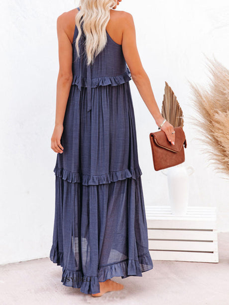 Women's Solid Color Halter Neck Ruffle Tiered Maxi Dress