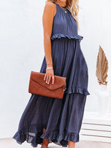 Women's Solid Color Halter Neck Ruffle Tiered Maxi Dress