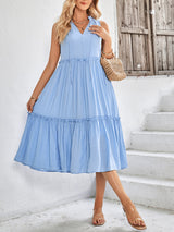Women's Solid Color Tie Neck Sleeveless Tiered Maxi Dress