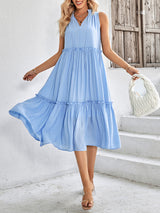 Women's Solid Color Tie Neck Sleeveless Tiered Maxi Dress