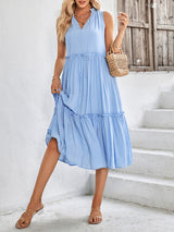 Women's Solid Color Tie Neck Sleeveless Tiered Maxi Dress