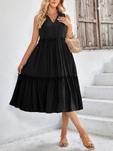 Women's Solid Color Tie Neck Sleeveless Tiered Maxi Dress