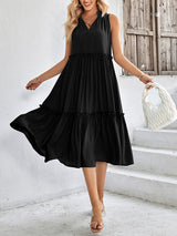 Women's Solid Color Tie Neck Sleeveless Tiered Maxi Dress