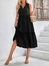 Women's Solid Color Tie Neck Sleeveless Tiered Maxi Dress