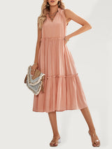 Women's Solid Color Tie Neck Sleeveless Tiered Maxi Dress