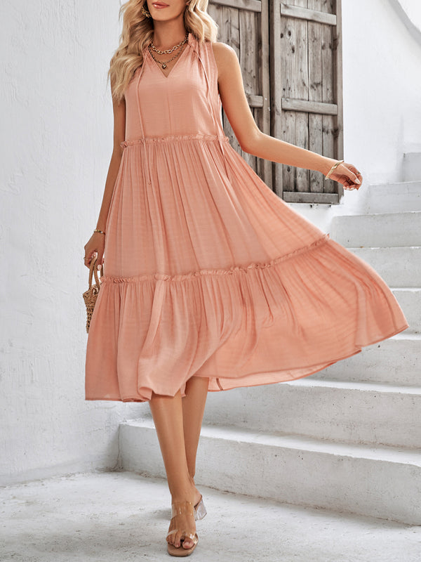 Women's Solid Color Tie Neck Sleeveless Tiered Maxi Dress