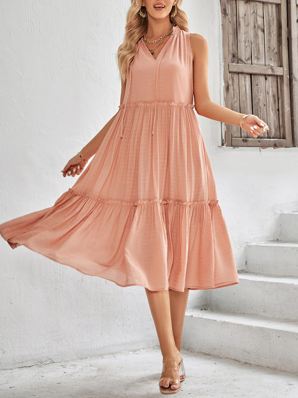 Women's Solid Color Tie Neck Sleeveless Tiered Maxi Dress