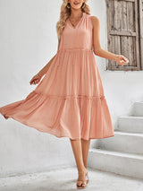 Women's Solid Color Tie Neck Sleeveless Tiered Maxi Dress