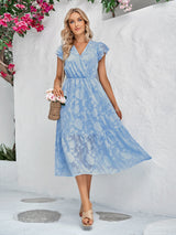 Women's Solid Color Elegance Floral Flutter Sleeves Midi Faux Wrap Dress