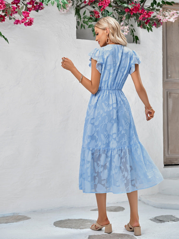 Women's Solid Color Elegance Floral Flutter Sleeves Midi Faux Wrap Dress