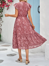 Women's Solid Color Elegance Floral Flutter Sleeves Midi Faux Wrap Dress