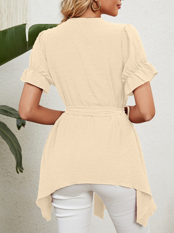 Women's Woven Jacquard V-Neck Loose Tie Chiffon Short Sleeve Top