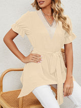 Women's Woven Jacquard V-Neck Loose Tie Chiffon Short Sleeve Top