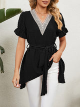 Women's Woven Jacquard V-Neck Loose Tie Chiffon Short Sleeve Top