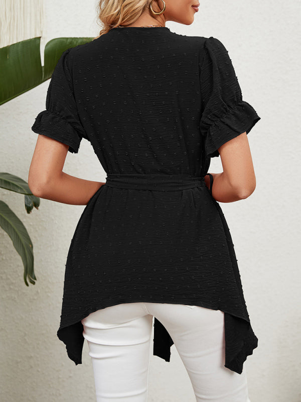 Women's Woven Jacquard V-Neck Loose Tie Chiffon Short Sleeve Top