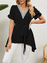 Women's Woven Jacquard V-Neck Loose Tie Chiffon Short Sleeve Top